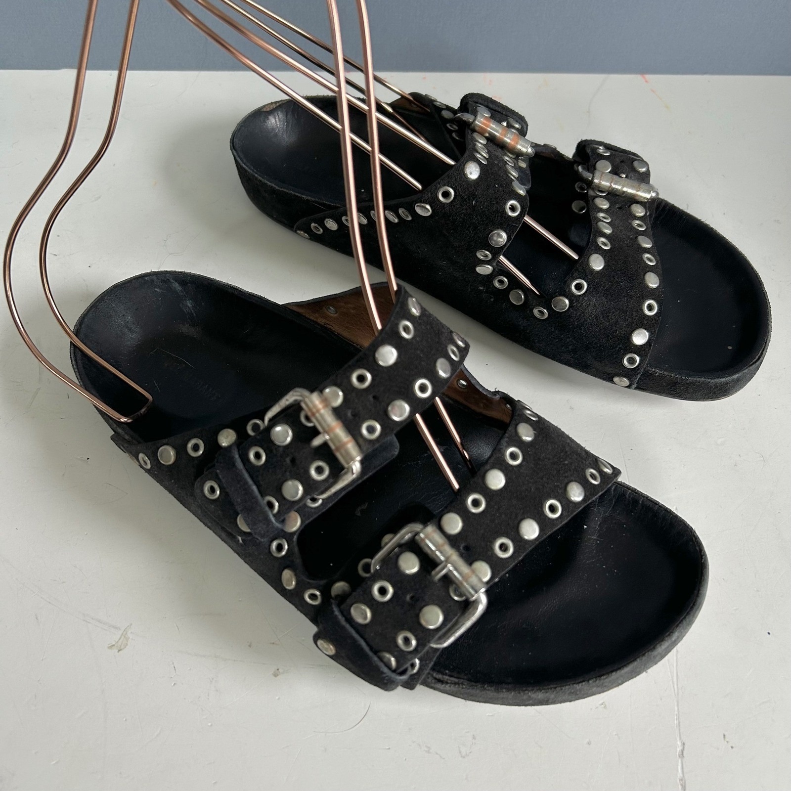Isabel Marant Edgy Punk Sandals Size 36 / 6 Lennyo Suede Studded Buckles Slides